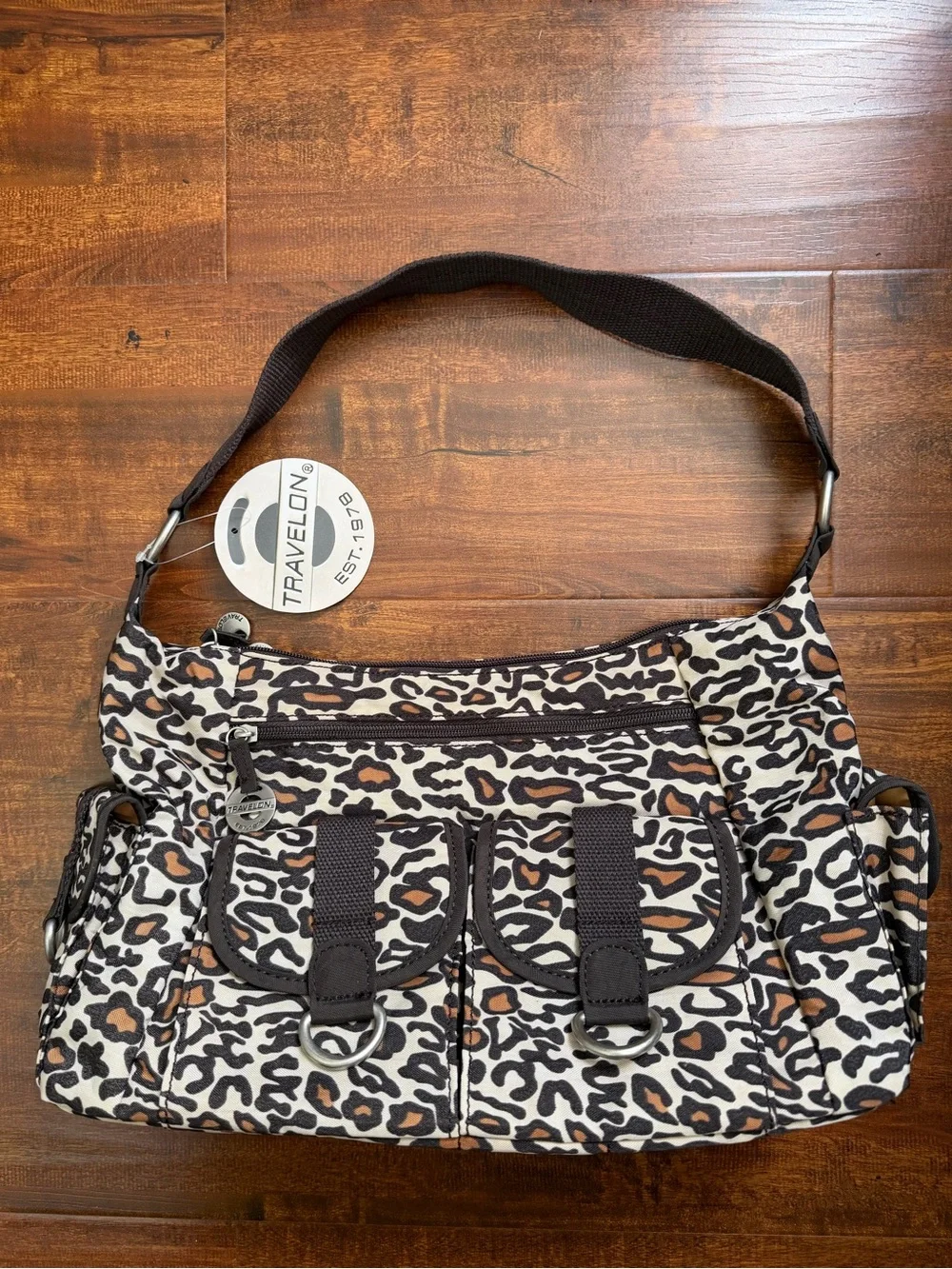 NWT Travelon Leopard Print Stylish Shoulder Bag in Brown and Cream